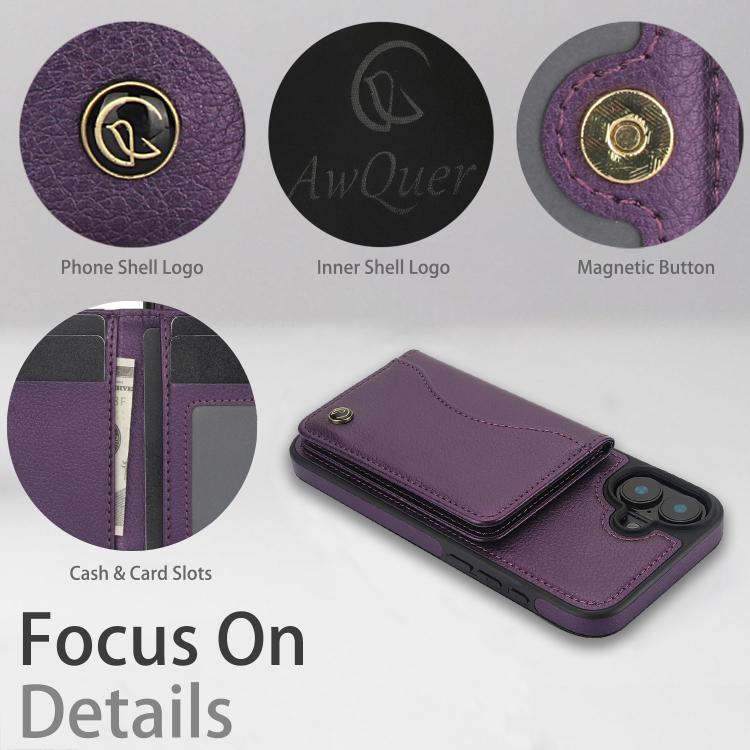 For iPhone 16 Plus AwQuer Horizontal Flip Card Bag Holder Leather Phone Case