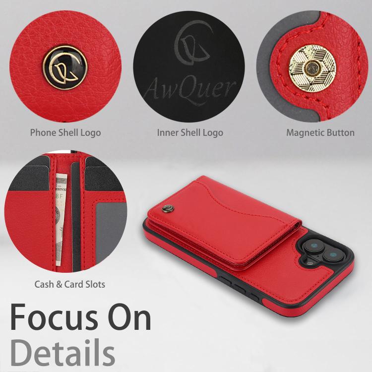 For iPhone 16 Plus AwQuer Horizontal Flip Card Bag Holder Leather Phone Case