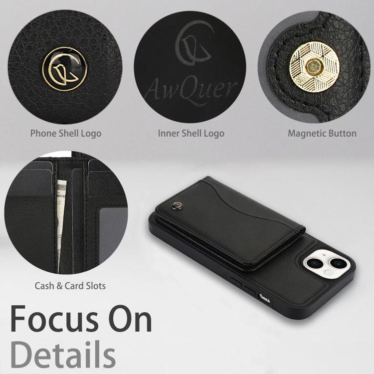 For iPhone 15 AwQuer Horizontal Flip Card Bag Holder Leather Phone Case