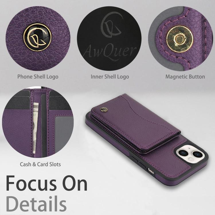 For iPhone 15 Plus AwQuer Horizontal Flip Card Bag Holder Leather Phone Case