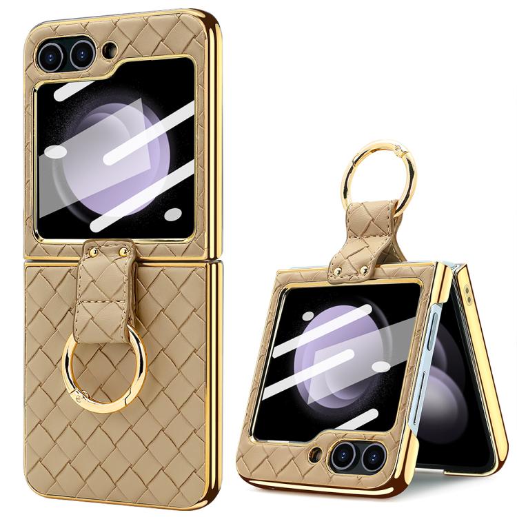 For Samsung Galaxy Z Flip5 VIETAO Woven Leather Metal Ring Phone Case
