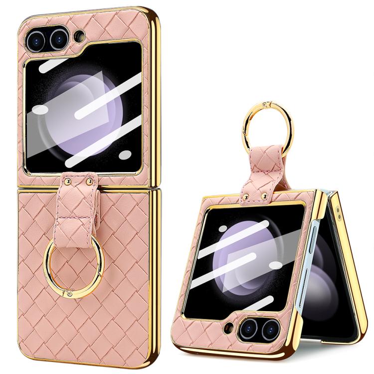 For Samsung Galaxy Z Flip5 VIETAO Woven Leather Metal Ring Phone Case