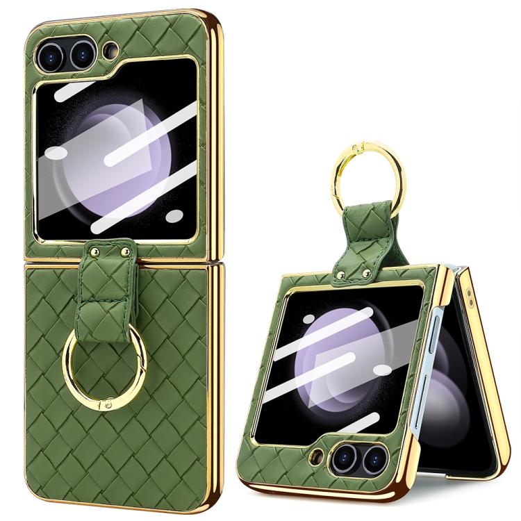 For Samsung Galaxy Z Flip5 VIETAO Woven Leather Metal Ring Phone Case