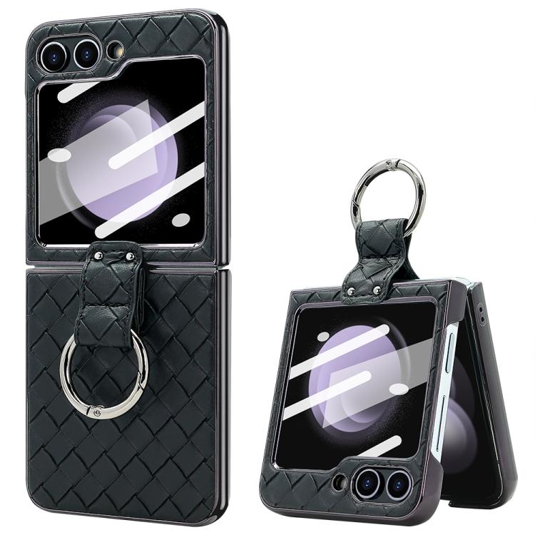 For Samsung Galaxy Z Flip5 VIETAO Woven Leather Metal Ring Phone Case
