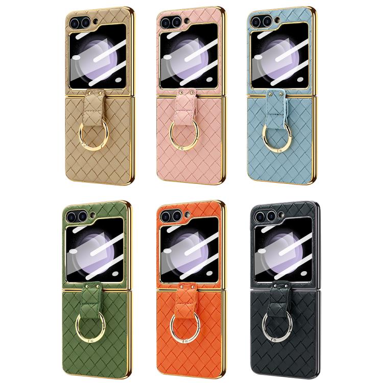 For Samsung Galaxy Z Flip5 VIETAO Woven Leather Metal Ring Phone Case