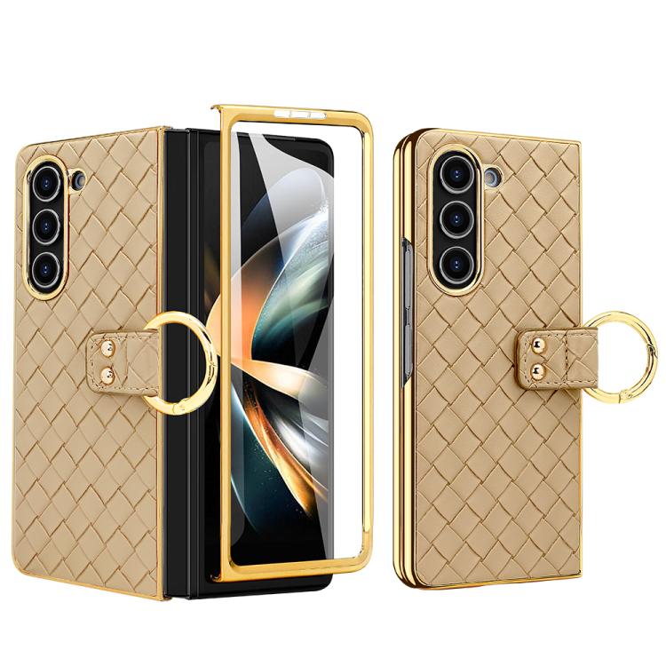 For Samsung Galaxy Z Fold4 VIETAO Woven Leather Metal Ring Phone Case