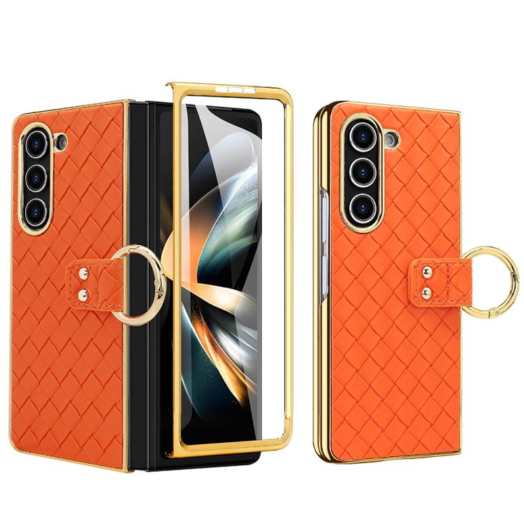 For Samsung Galaxy Z Fold4 VIETAO Woven Leather Metal Ring Phone Case