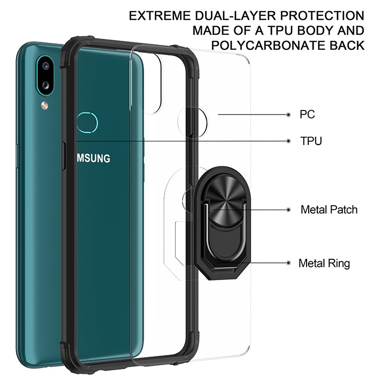 For Samsung Galaxy A10s Shockproof Transparent TPU + Acrylic Protective Case with Ring Holder