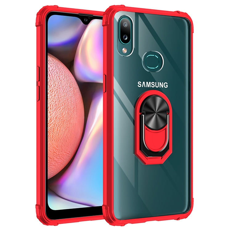For Samsung Galaxy A10s Shockproof Transparent TPU + Acrylic Protective Case with Ring Holder