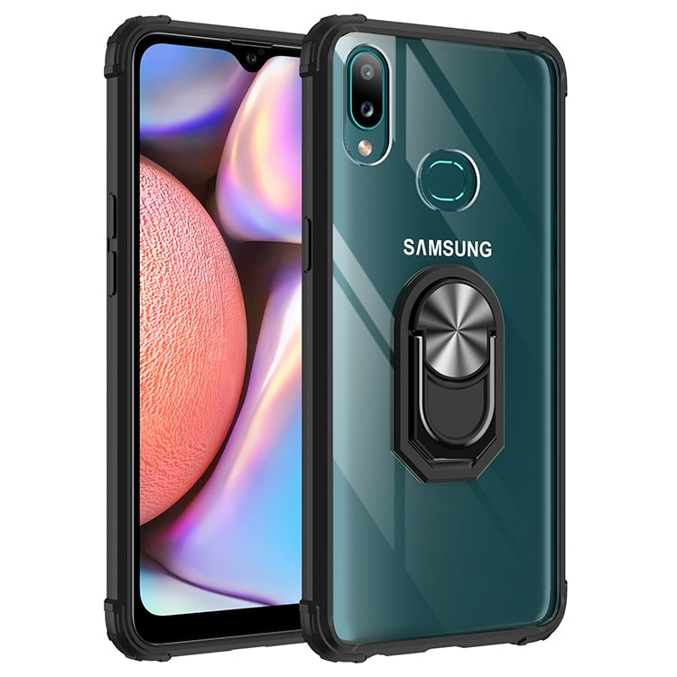 For Samsung Galaxy A10s Shockproof Transparent TPU + Acrylic Protective Case with Ring Holder