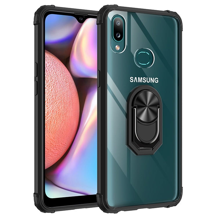 For Samsung Galaxy A10s Shockproof Transparent TPU + Acrylic Protective Case with Ring Holder