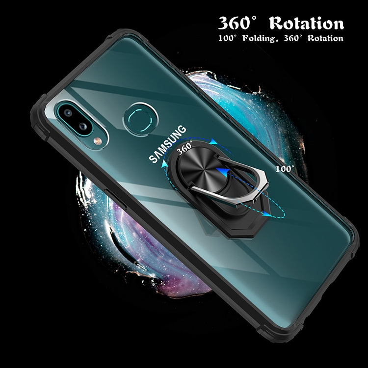 For Samsung Galaxy A10s Shockproof Transparent TPU + Acrylic Protective Case with Ring Holder