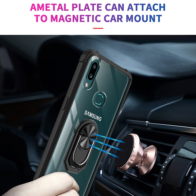 For Samsung Galaxy A10s Shockproof Transparent TPU + Acrylic Protective Case with Ring Holder