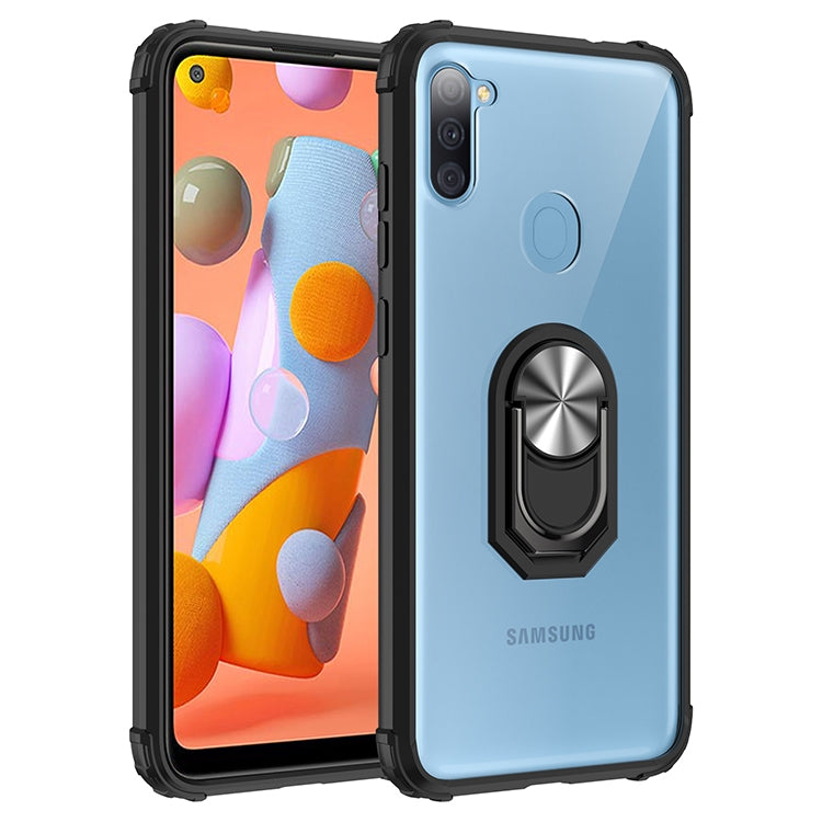 For Samsung Galaxy A11 Shockproof Transparent TPU + Acrylic Protective Case with Ring Holder