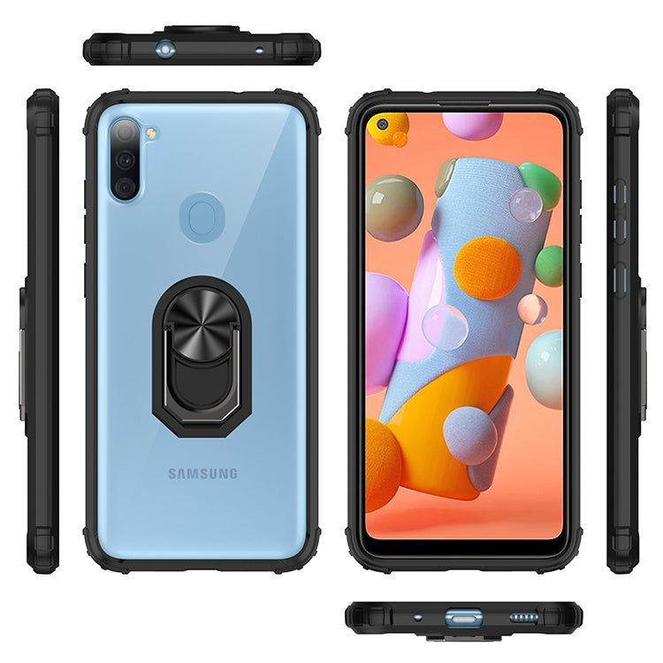 For Samsung Galaxy A11 Shockproof Transparent TPU + Acrylic Protective Case with Ring Holder