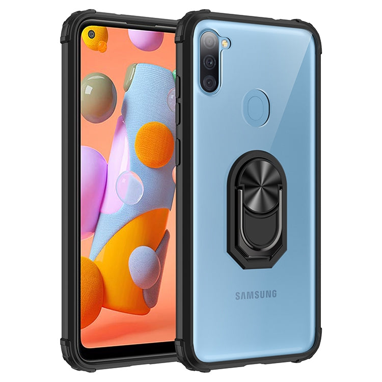 For Samsung Galaxy A11 Shockproof Transparent TPU + Acrylic Protective Case with Ring Holder