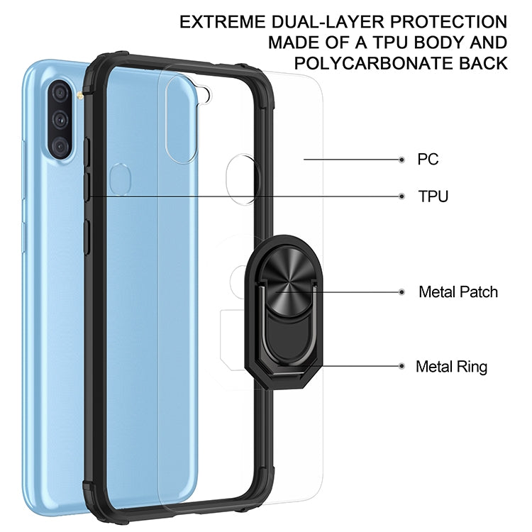 For Samsung Galaxy A11 Shockproof Transparent TPU + Acrylic Protective Case with Ring Holder