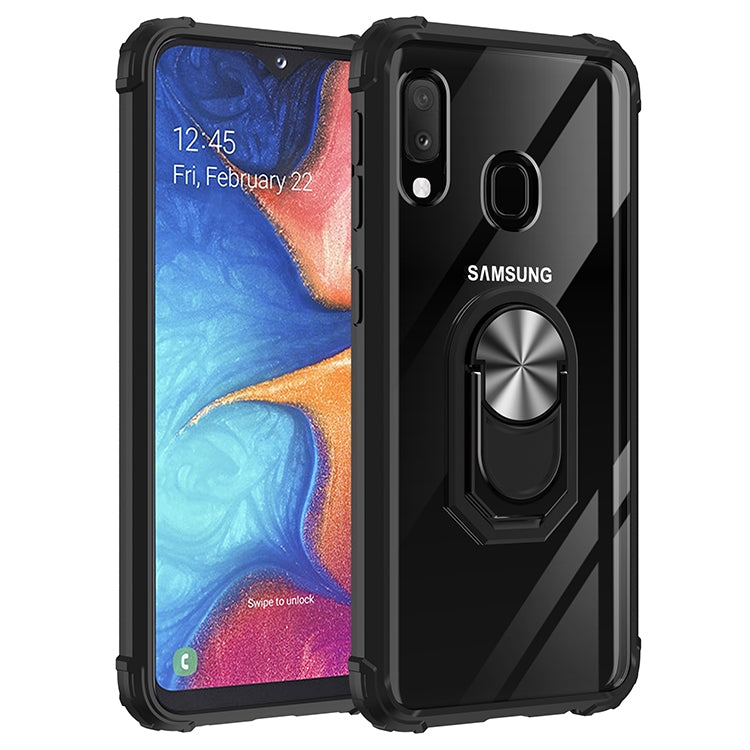 For Samsung Galaxy A20e Shockproof Transparent TPU + Acrylic Protective Case with Ring Holder