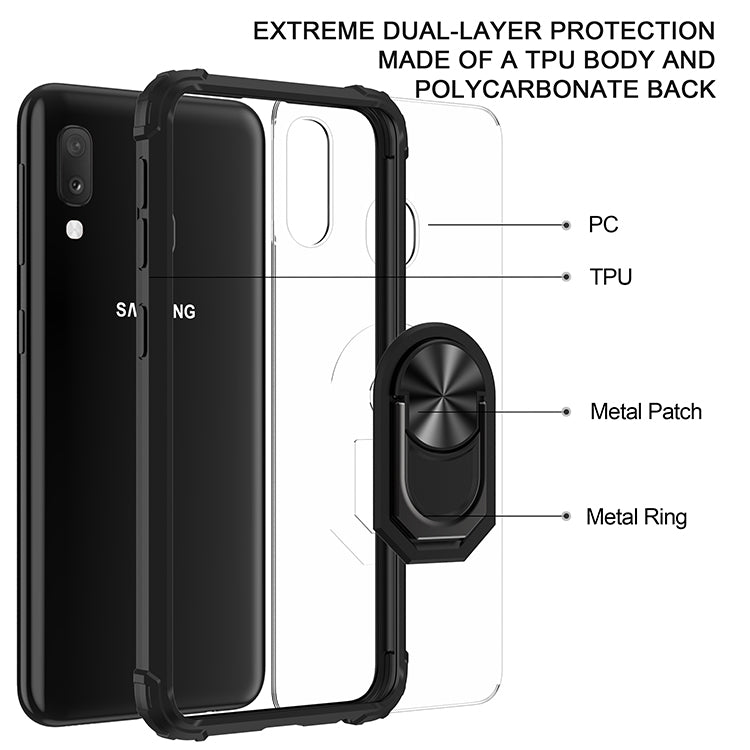For Samsung Galaxy A20e Shockproof Transparent TPU + Acrylic Protective Case with Ring Holder