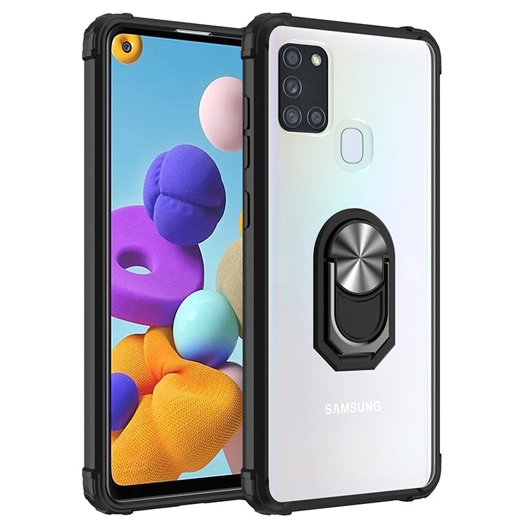 For Samsung Galaxy A21s Shockproof Transparent TPU + Acrylic Protective Case with Ring Holder