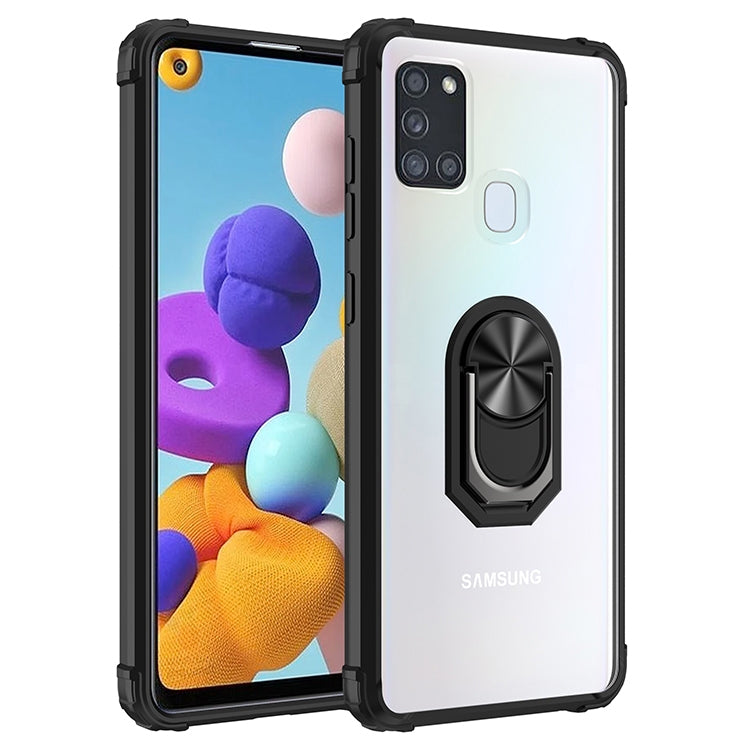 For Samsung Galaxy A21s Shockproof Transparent TPU + Acrylic Protective Case with Ring Holder