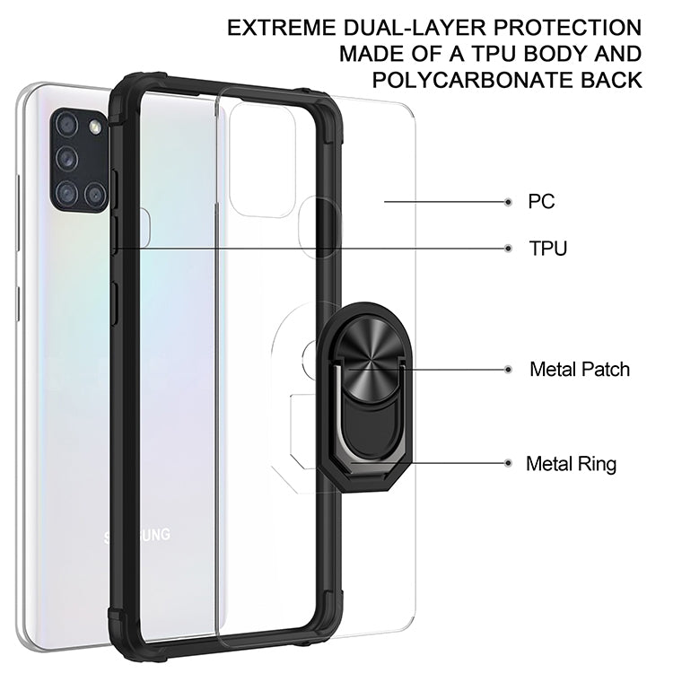 For Samsung Galaxy A21s Shockproof Transparent TPU + Acrylic Protective Case with Ring Holder