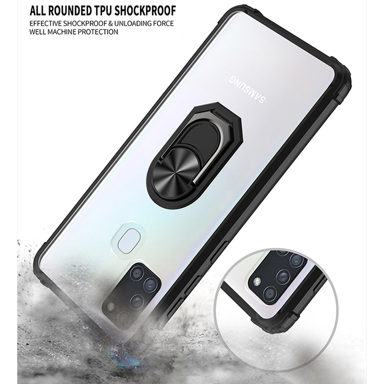 For Samsung Galaxy A21s Shockproof Transparent TPU + Acrylic Protective Case with Ring Holder