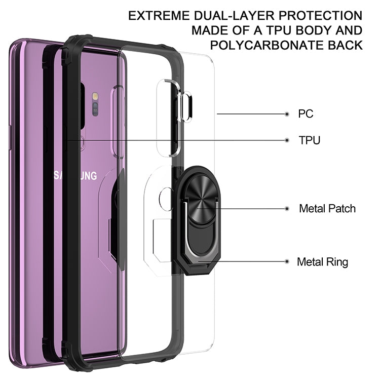 For Samsung Galaxy S9+ Shockproof Transparent TPU + Acrylic Protective Case with Ring Holder
