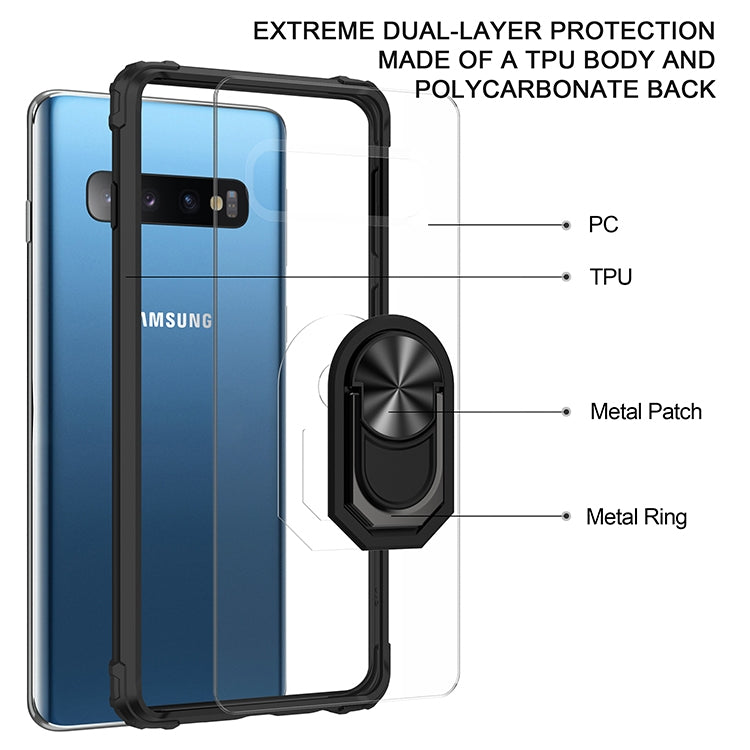 For Samsung Galaxy S10 Shockproof Transparent TPU + Acrylic Protective Case with Ring Holder