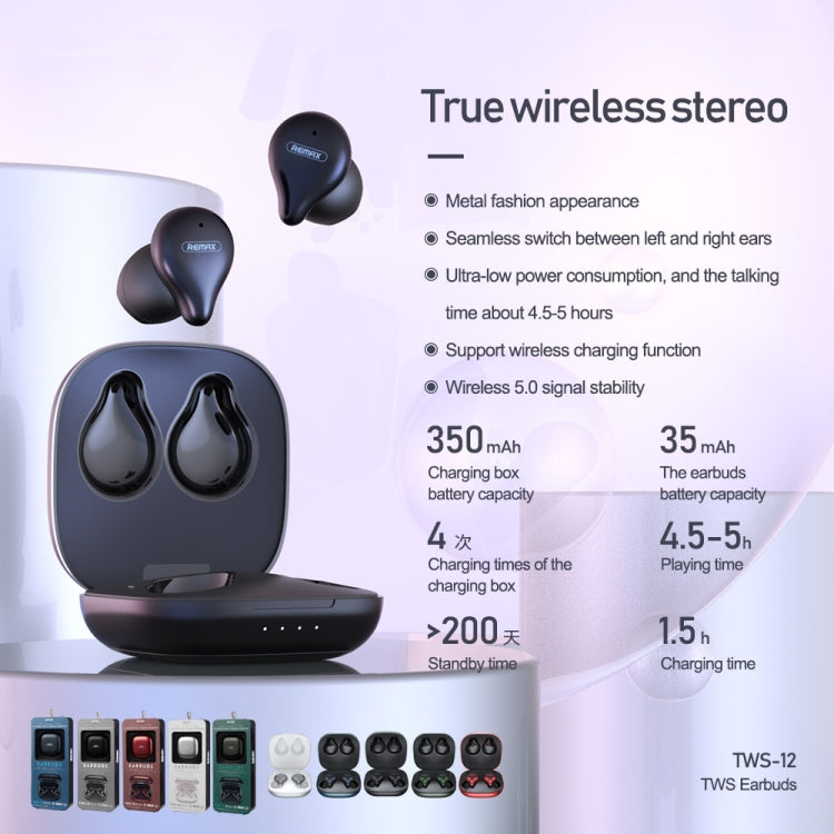 REMAX TWS-12 Bluetooth 5.0 Metal True Wireless Bluetooth Stereo Music Earphone with Charging Box
