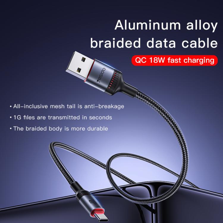 Yesido CA129C 18W 3A USB to USB-C / Type-C Charging Data Cable, Length: 1.2m - Black
