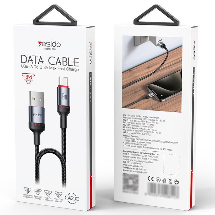 Yesido CA129C 18W 3A USB to USB-C / Type-C Charging Data Cable, Length: 1.2m - Black