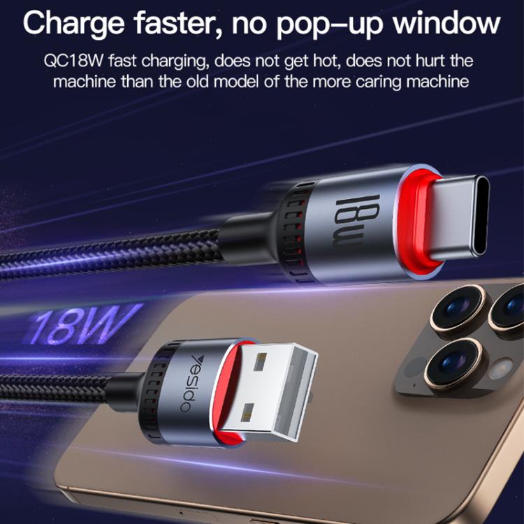 Yesido CA129C 18W 3A USB to USB-C / Type-C Charging Data Cable, Length: 1.2m - Black