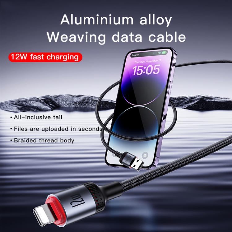 Yesido CA129L 12W 2.4A USB to 8 Pin Charging Data Cable, Length: 1.2m - Black