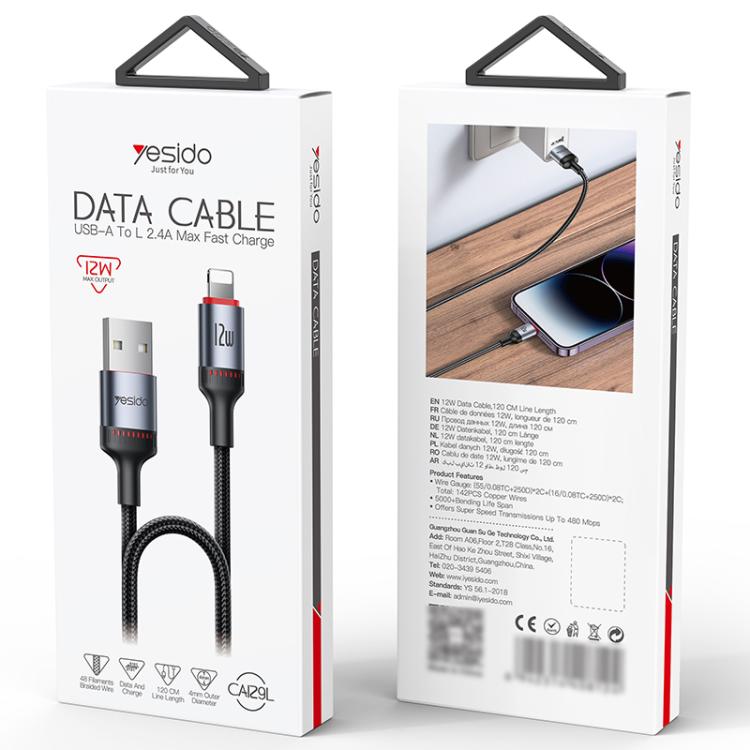 Yesido CA129L 12W 2.4A USB to 8 Pin Charging Data Cable, Length: 1.2m - Black
