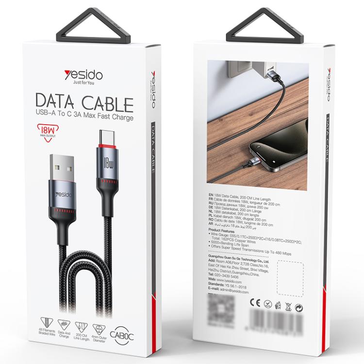 Yesido CA130C 18W 3A USB to USB-C / Type-C Charging Data Cable, Length: 2m - Black