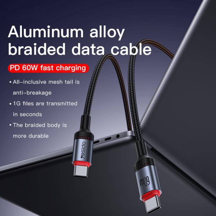 Yesido CA181 PD60W 3A USB-C / Type-C to USB-C / Type-C Charging Data Cable, Length: 1.2m - Black