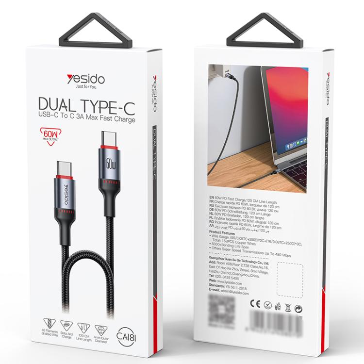 Yesido CA181 PD60W 3A USB-C / Type-C to USB-C / Type-C Charging Data Cable, Length: 1.2m - Black