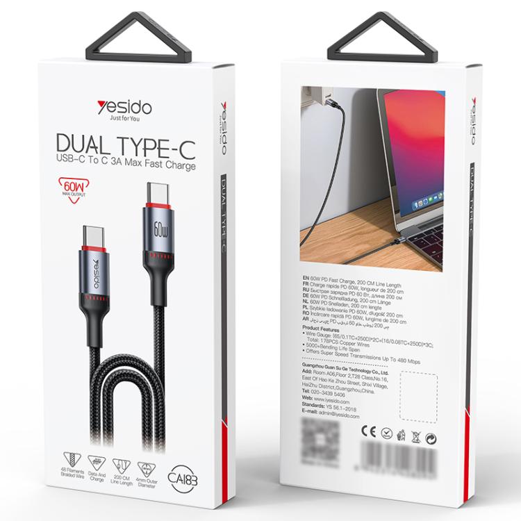 Yesido CA183 PD60W 3A USB-C / Type-C to USB-C / Type-C Charging Data Cable, Length: 2m - Black