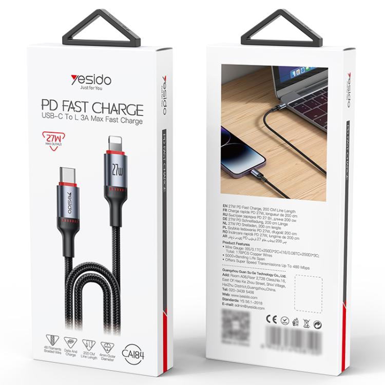Yesido CA184 PD27W 3A USB-C / Type-C to 8 Pin Charging Data Cable, Length: 2m - Black