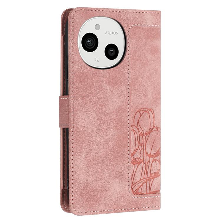 For Sharp Aquos Sense9 Tulips Embossed Leather Phone Case with Lanyard