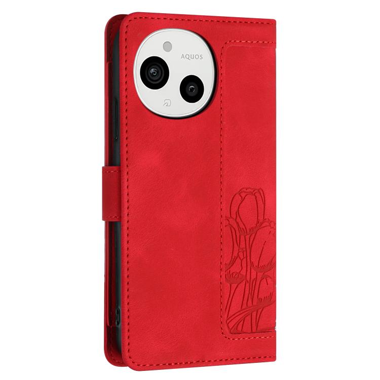 For Sharp Aquos Sense9 Tulips Embossed Leather Phone Case with Lanyard