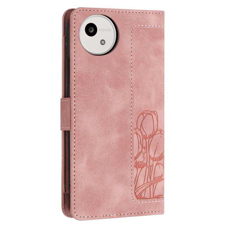 For Sharp Aquos wish5 Tulips Embossed Leather Phone Case with Lanyard
