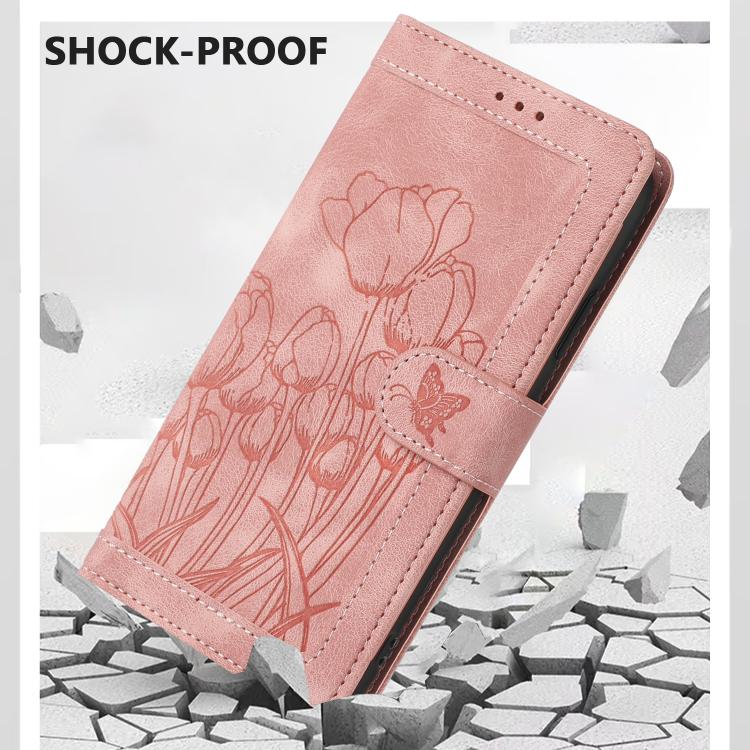For Sharp Aquos wish5 Tulips Embossed Leather Phone Case with Lanyard