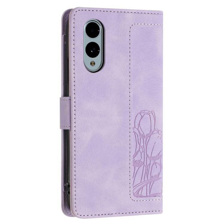 For Fujitsu Arrows We2 Tulips Embossed Leather Phone Case with Lanyard