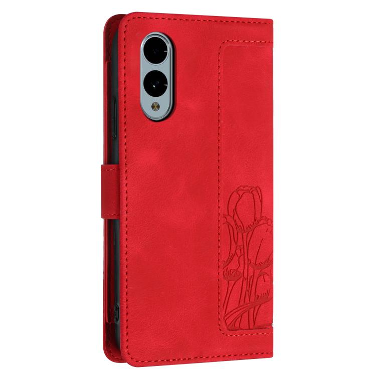 For Fujitsu Arrows We2 Tulips Embossed Leather Phone Case with Lanyard