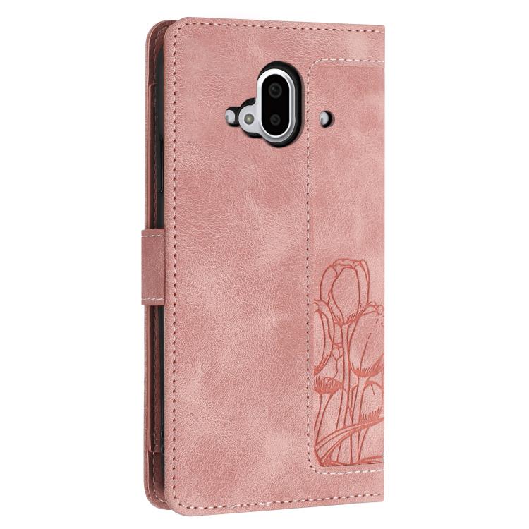 For Fujitsu Arrows F-52B Tulips Embossed Leather Phone Case with Lanyard