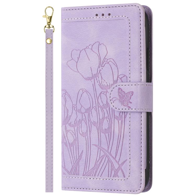 For Fujitsu Arrows F-52B Tulips Embossed Leather Phone Case with Lanyard