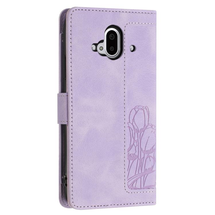 For Fujitsu Arrows F-52B Tulips Embossed Leather Phone Case with Lanyard