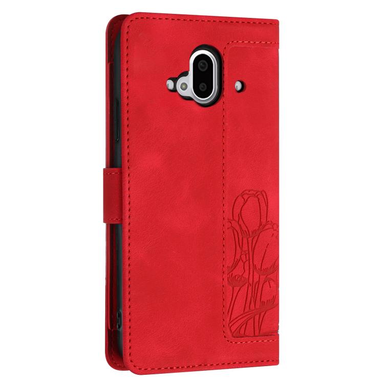 For Fujitsu Arrows F-52B Tulips Embossed Leather Phone Case with Lanyard